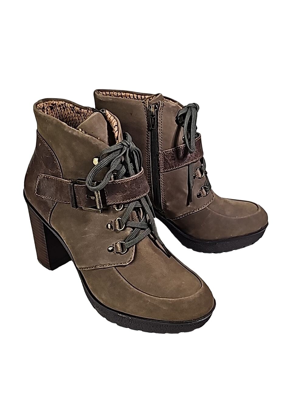 Nicole Sylvie Mint Brown Lace Up Look Zip Side Leather Ankle Boots Womens 9 NEW